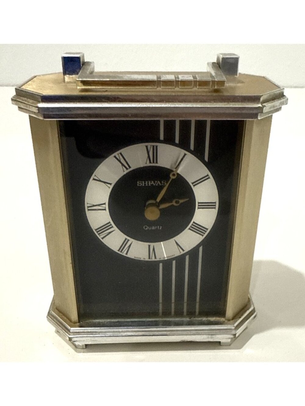 Vintage Shiva’s Quartz Mantel Table Clock Roman Numerals Gold Tone Silver Face
